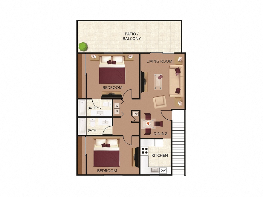 Floor plan for 2 beds, 2 baths, 1100 sqft